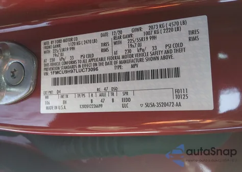 2020 Ford Escape Sel из США, поврежденный, VIN 1FMCU9H97LUC73096